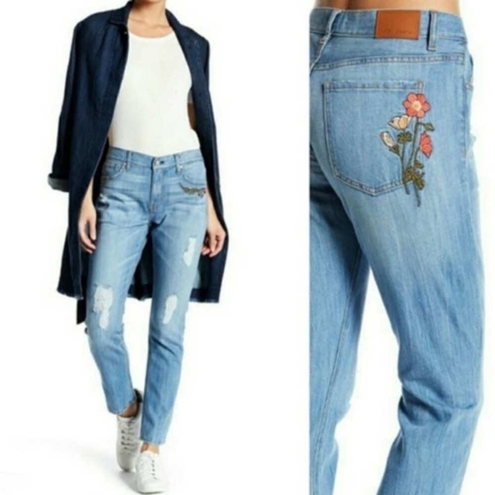 Ei8ht Dreams Blue Flower Embroidery Slim Boyfriend